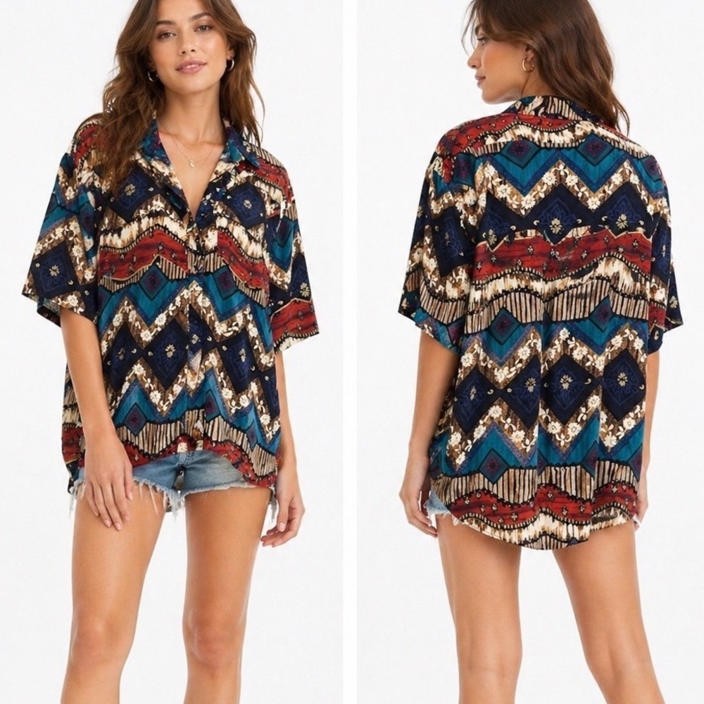 Caliche Collection Button Down Women Large Multi Geometric Floral Vintage Shirt